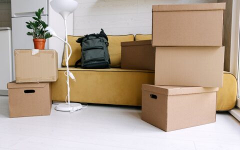Cardboard boxes and a backpack in a cozy living room signify moving day excitement.