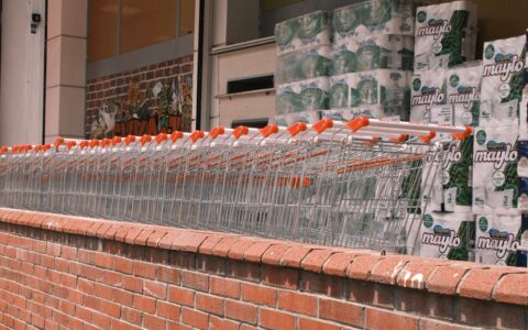 Row of shopping carts and piles of toilet paper outside a store in İzmir, Türkiye.
