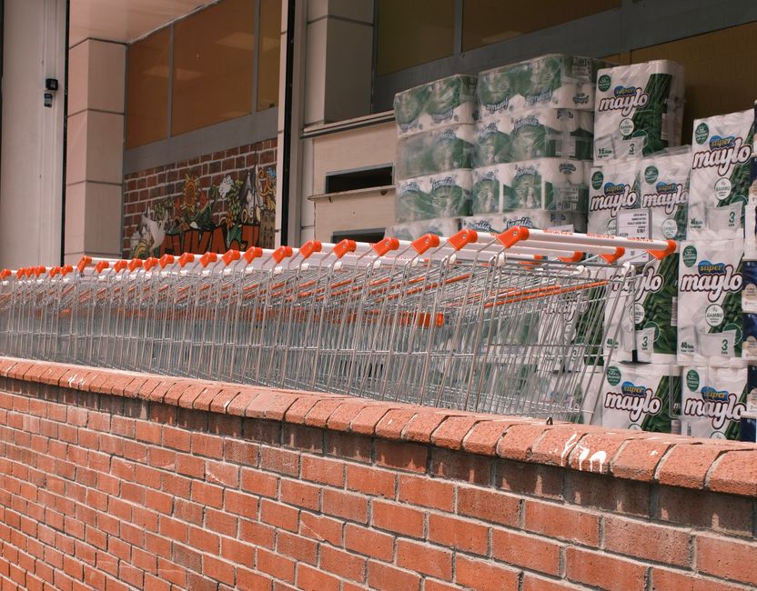 Row of shopping carts and piles of toilet paper outside a store in İzmir, Türkiye.